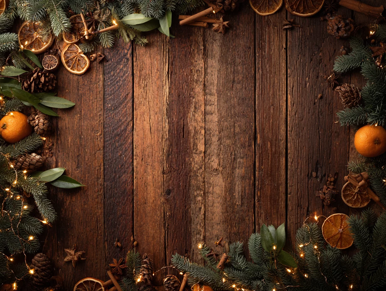 Festlich dekorierte rustikale Holztischplatte in Draufsicht mit weihnachtlicher Rahmendekoration. Dunkles, gemasertes Holz bildet die Mitte als freie Fläche für Text oder Produkte. Rundum arrangiert: frische Tannenzweige, warme LED-Lichterketten, Tannenzapfen, getrocknete Orangenscheiben, frische Orangen, Zimtstangen, Sternanis und grüne Blätter. Natürliche, warme Farbpalette in Braun-, Grün- und Goldtönen. Stimmungsvolle, gemütliche Weihnachtsatmosphäre mit handwerklichem Charakter.